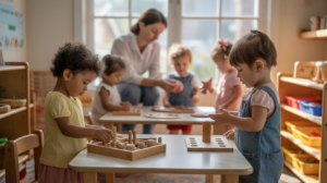 Scène réaliste dans une classe Montessori où des enfants travaillent de façon autonome avec du matériel éducatif en bois tandis qu’un adulte intervient trop, illustrant subtilement les erreurs à éviter dans cet environnement.