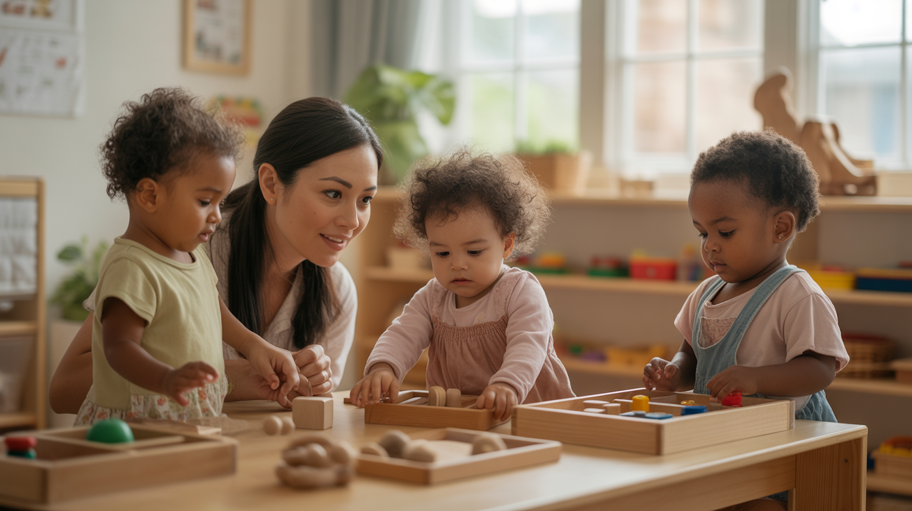Enfants dans une crèche Montessori réaliste jouant et apprenant de manière autonome sous l'œil bienveillant d'une éducatrice, dans une salle lumineuse et naturelle.